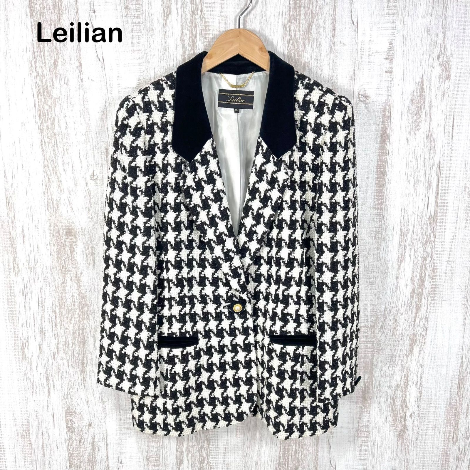 美品 Leilian レリアン 千鳥格子 チェック パールボタン ウール 