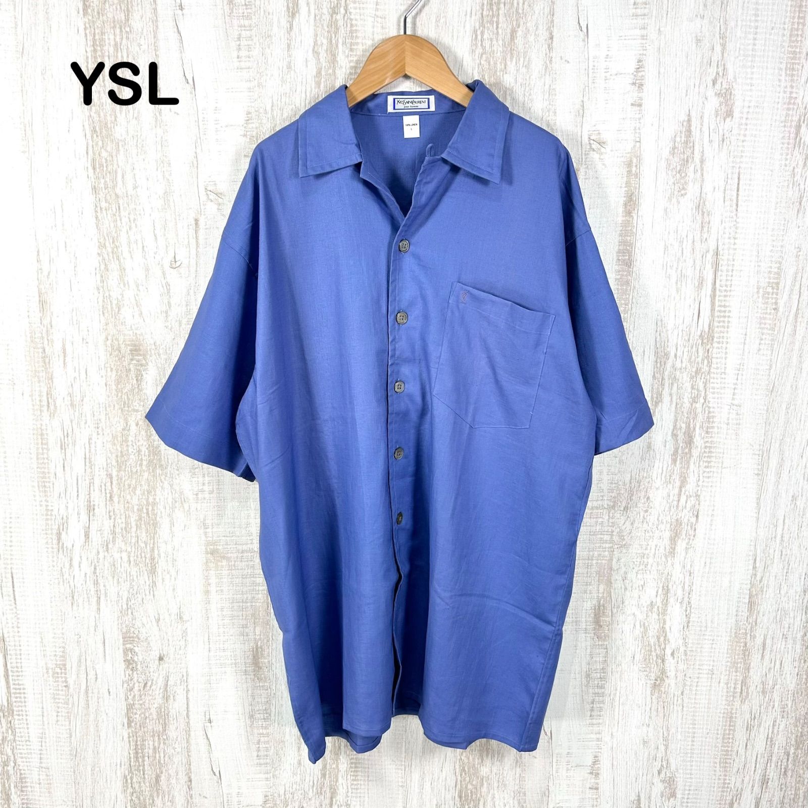 90s 新品未使用 YSL Yves Saint Laurent イヴサンローラン カサンドラロゴ刺繡 リネン 半袖シャツ ブルー