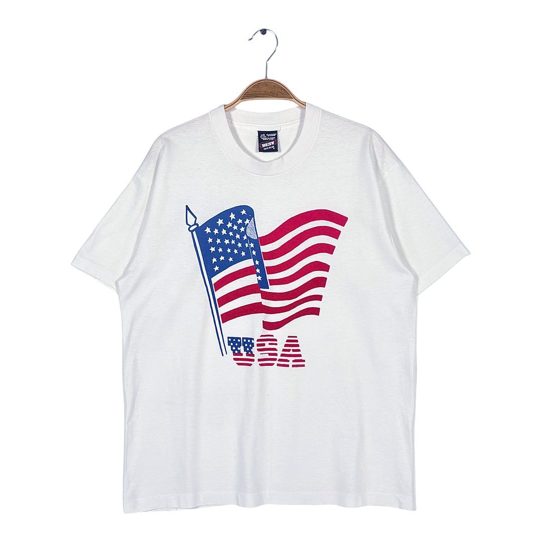 80s 90s アメリカ星条旗 フラッグ カナダ製 ヴィンテージ Tシャツ ホワイト シングルステッチ フルーツオブザルーム サイズL BZ0601