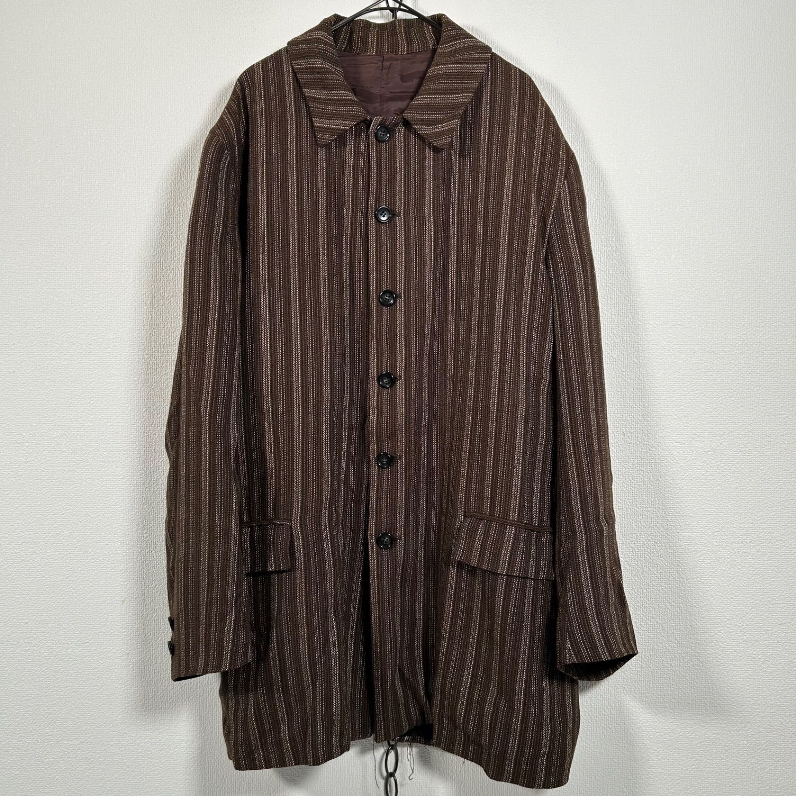 日本製 Japanese Vintage 00s archive Y2K TETE HOMME リネン シルク ブレンド ジャケット ジャガードストライプ Lサイズ グランジ