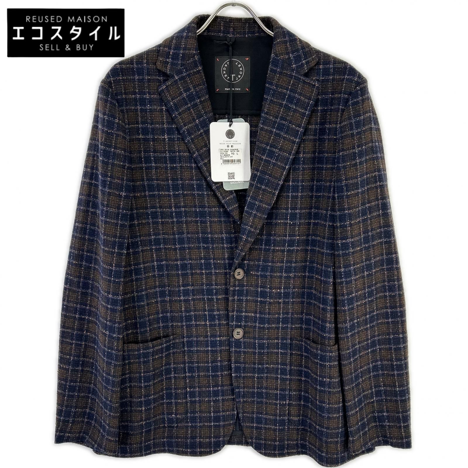 T-JACKET　ティージャケット　ブラウン Bottoli社製 チェック柄 リネンコットン ストレッチ2Bジャケット　L