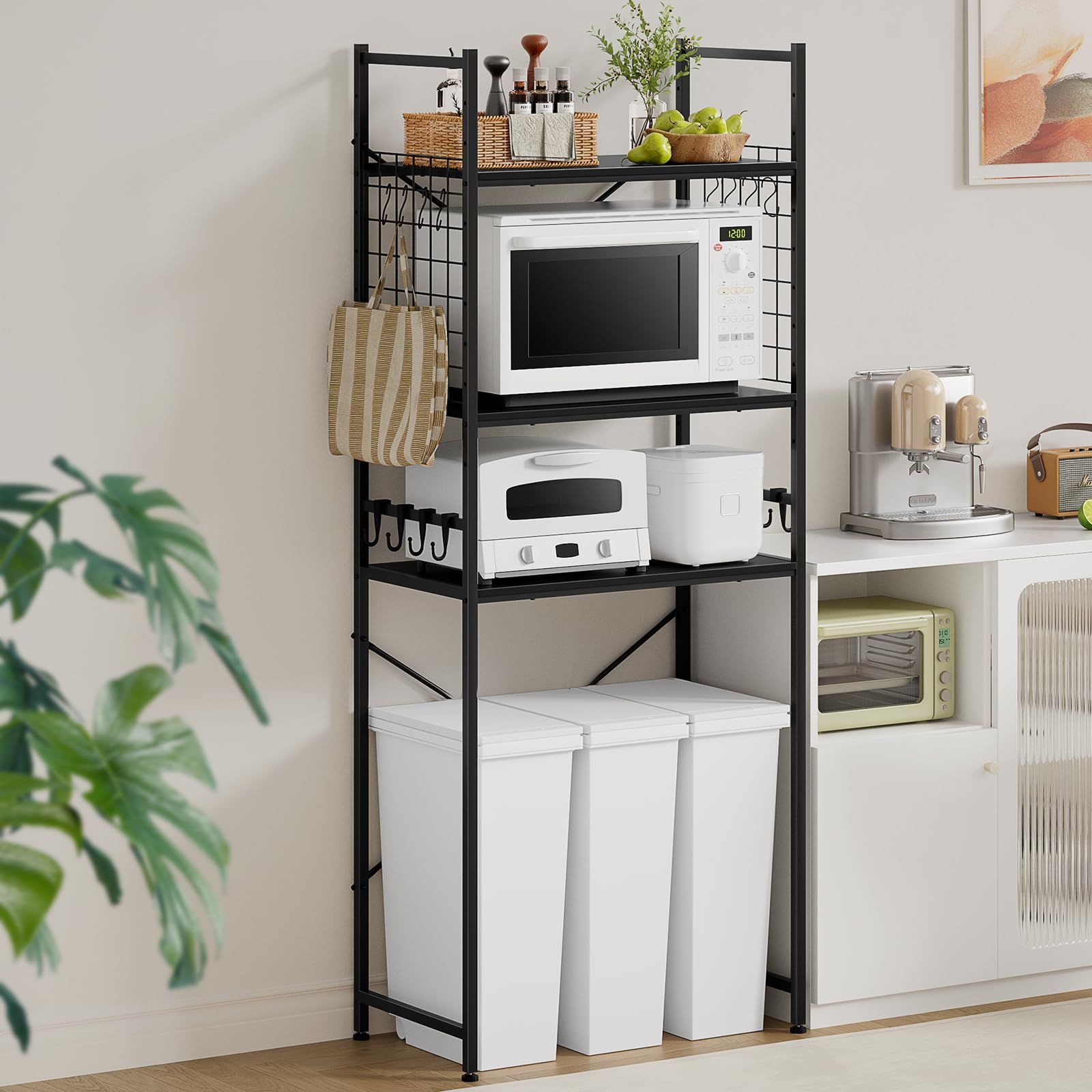 ☆新品☆TTWO 冷蔵庫ラック ゴミ箱上ラック 幅60×奥行40×高さ180cm キッチンベイカーラック 小型冷蔵庫対応 3枚可動棚 高さ11段調節 レンジラック 電子レンジ収納 キッチンラック 冷蔵庫上収納 総耐荷重45kg フック 16個付き レンジ台 省