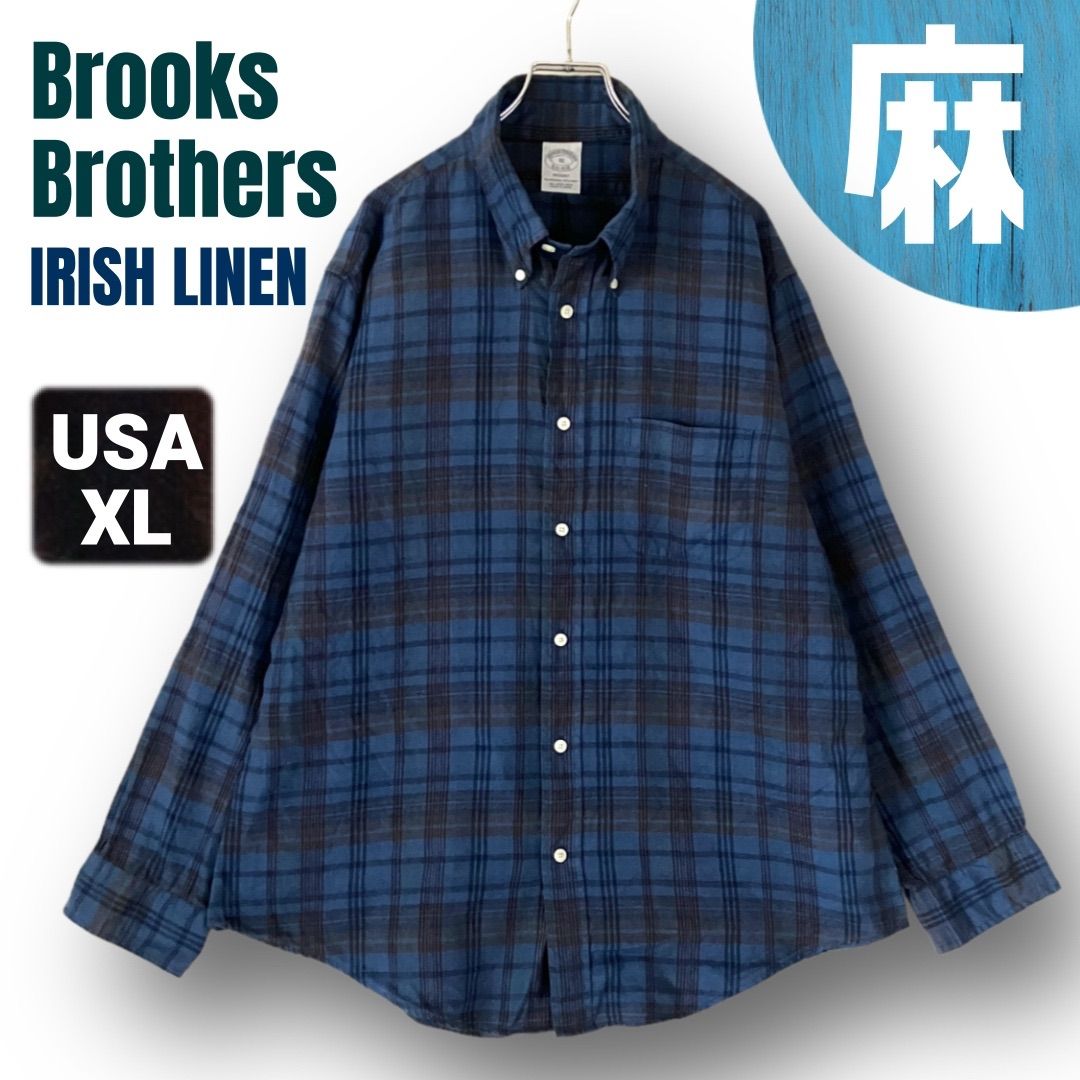 麻100%★ブルックスブラザーズ/Brooks Brothers★アイリッシュリネン/ポロカラーシャツ★マドラスチェック★ネイビー★REGENT★USAメンズXL #2606J030