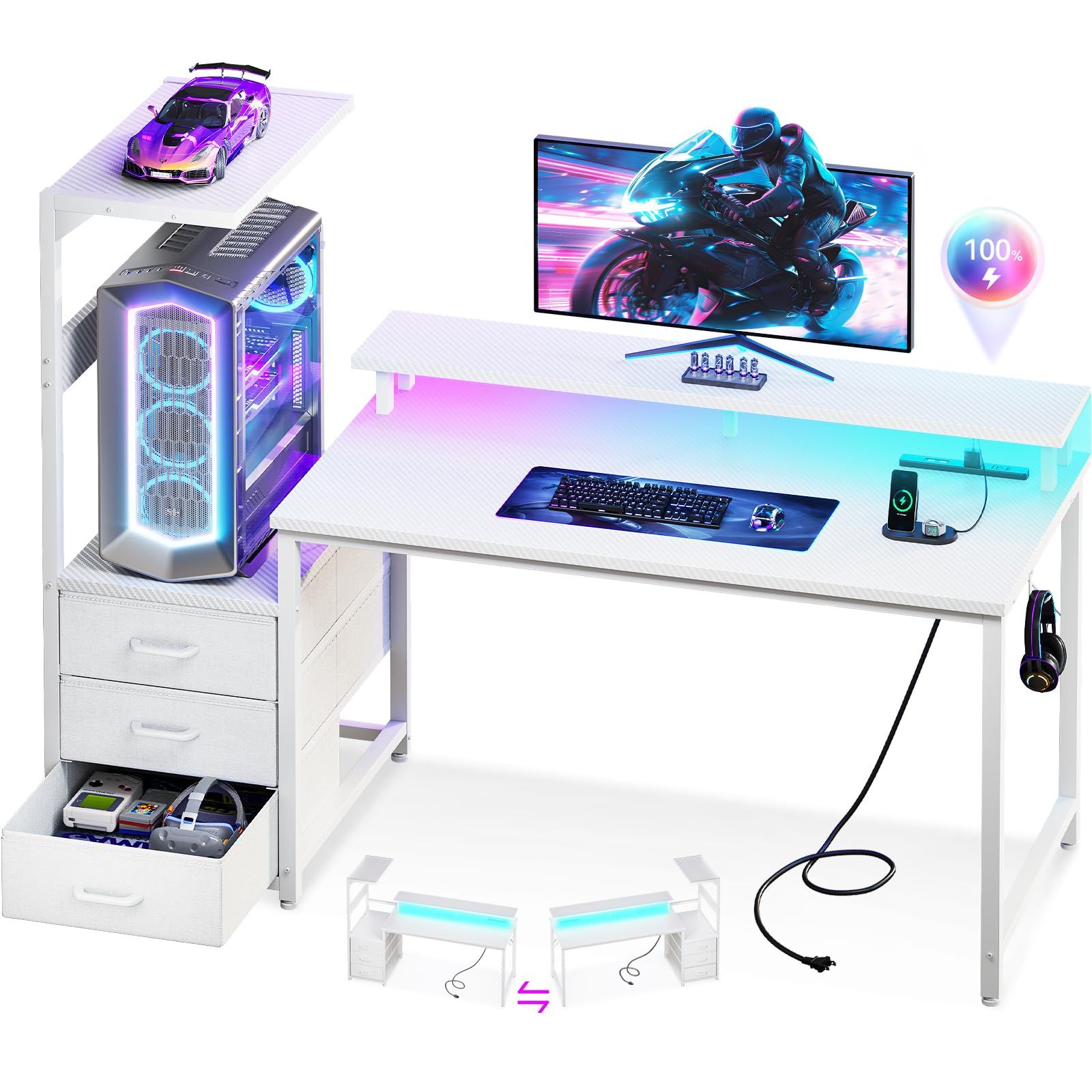 R◆AODK ゲーミングデスク パソコンデスク コンセント&LED付き 幅130cm 机 pcデスク ゲームデスク gaming desk 引き出し＆モニター台付き ゲーミングテーブル 棚付き 左右入れ替え対応 カーボン調ホワイト 54020a5e