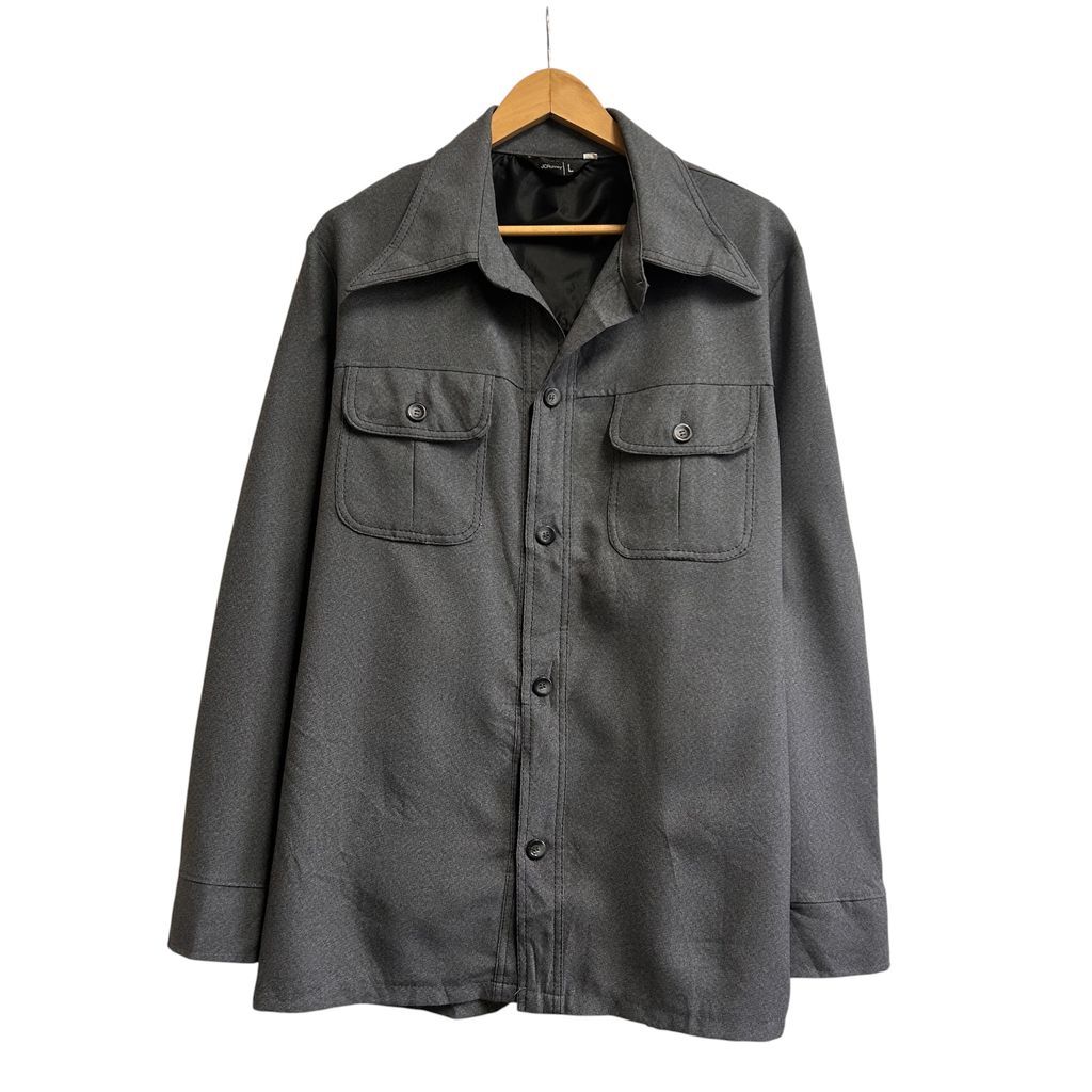 vintage 70s~ JCPenney ポリシャツ デカ襟 開襟シャツ オープンカラーシャツ グレー ごま塩 SIZE L NO.T643