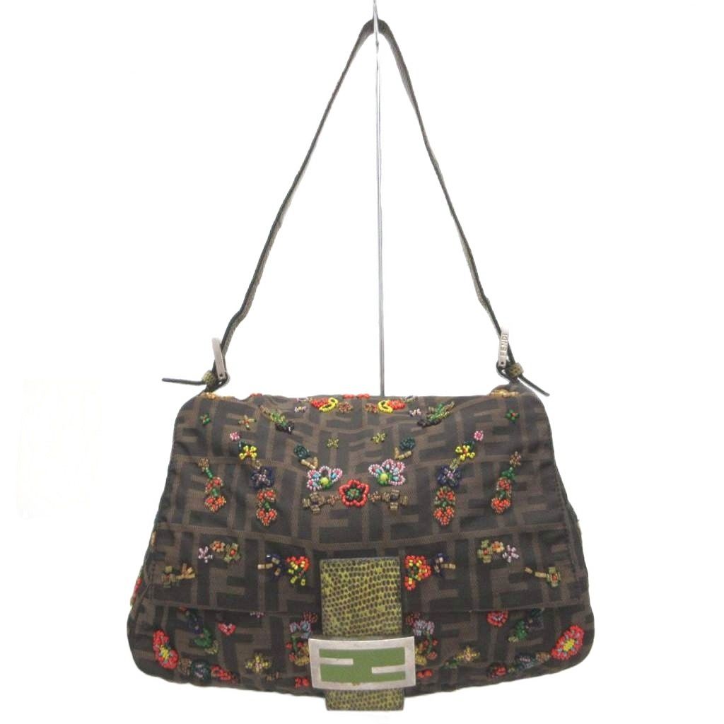 フェンディ FENDI ヴィンテージ マンマバケット ショルダーバッグ ハンドバッグ ビーズ刺繍 ビジュー パイソンレザー ズッカ柄 総柄 茶 ブラウン ☆AA★