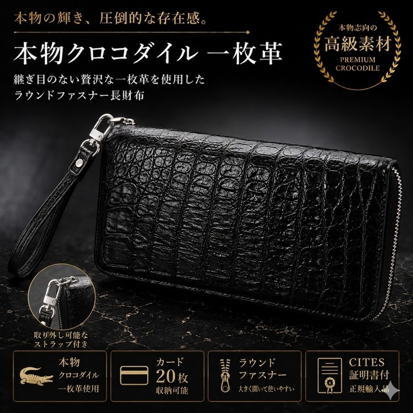 本物クロコダイル 一枚革 クロコダイル 長財布 メンズ ラウンドファスナー 財布 本革 ワニ革 ブラック カード20枚収納 CITES証明書済