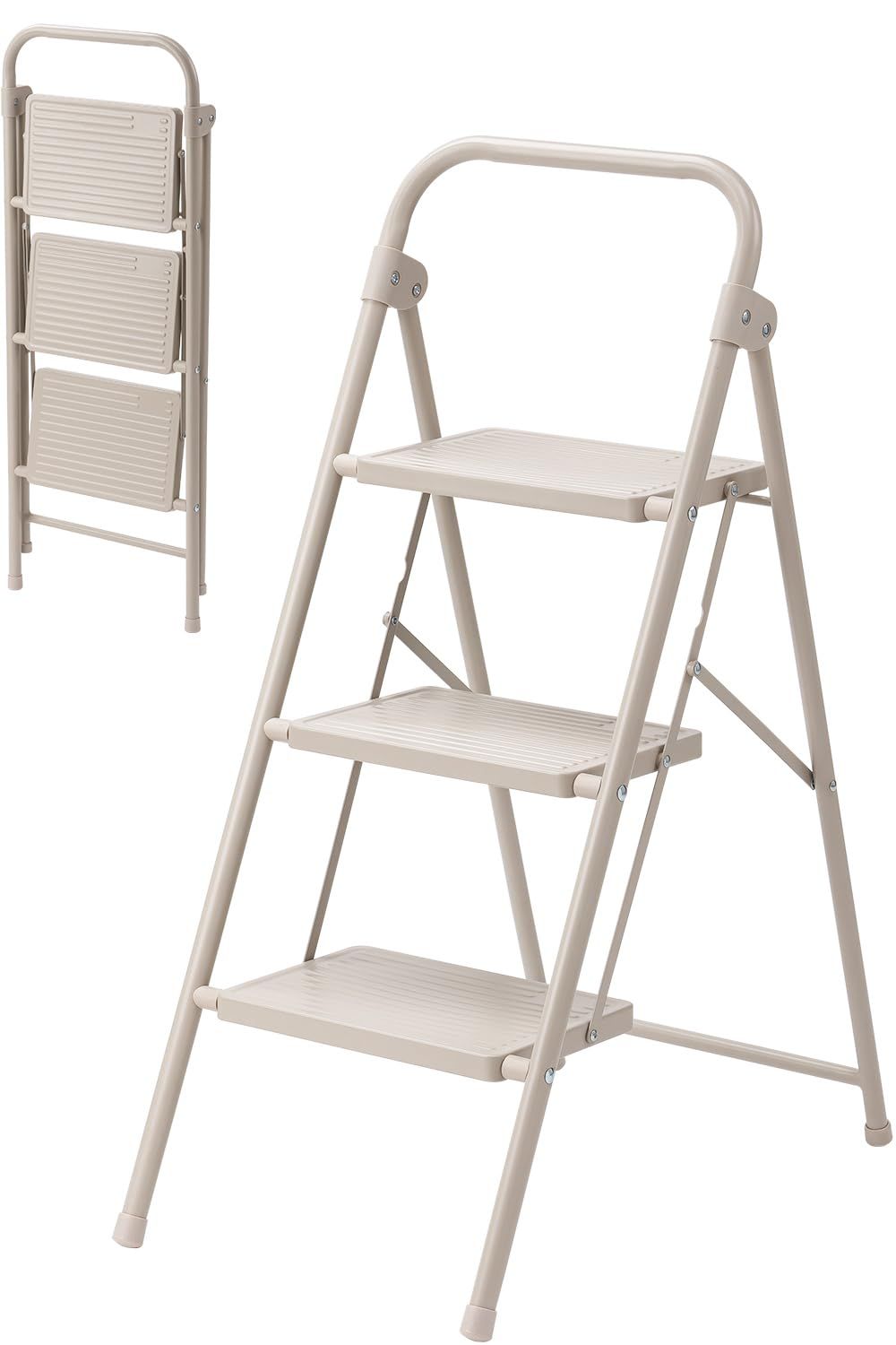 ☆新品☆イーサプライ 脚立 3段 折りたたみ コンパクト 踏み台 耐荷重160kg スチール製 重量4.4kg 滑り止め キッチン おしゃれ クリームベージュ EEX-KYA28BG