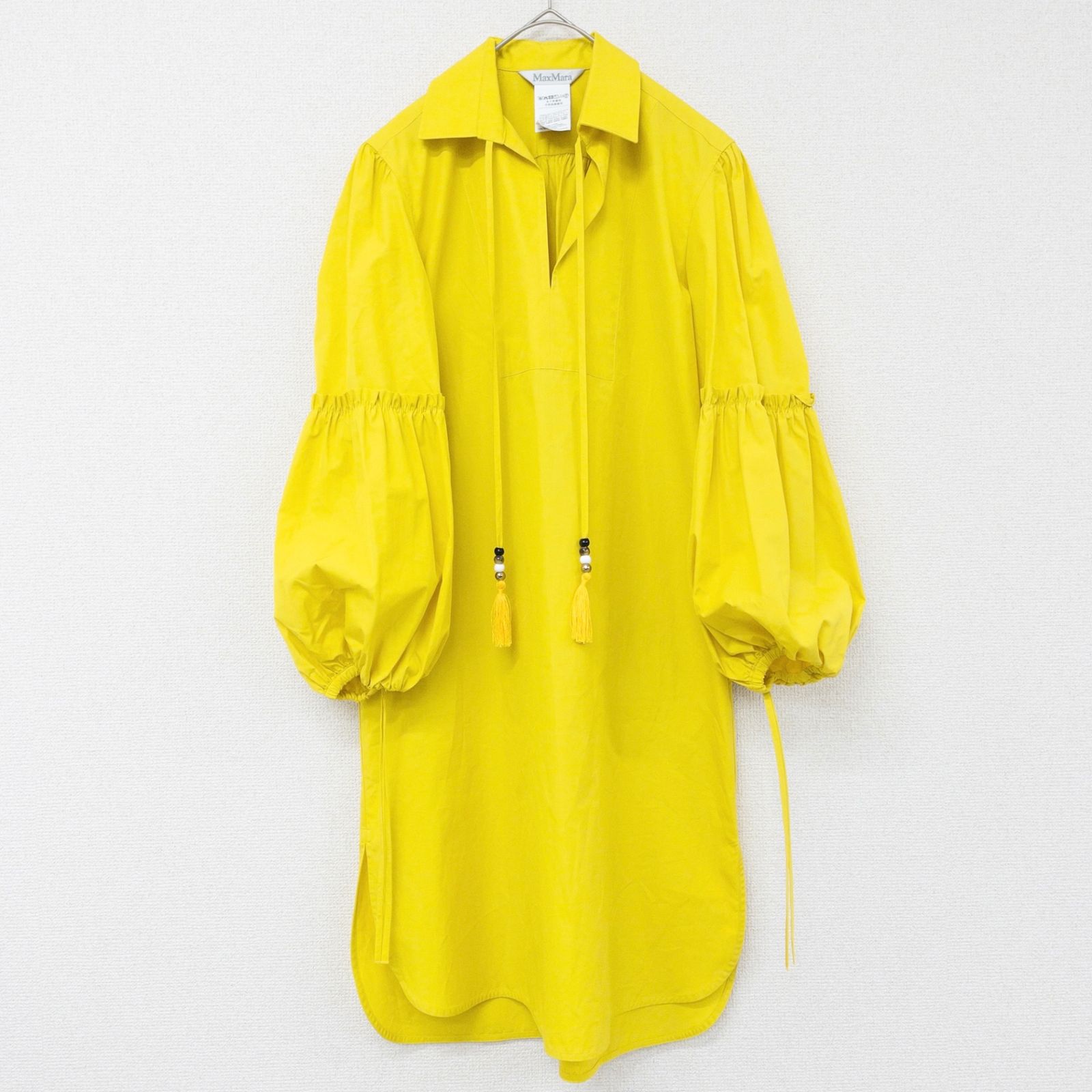 MaxMara マックスマーラ ワンピース パフスリーブ ボリューム スキッパー リボン コットン イエロー ポーランド製 レディース 34 b01608