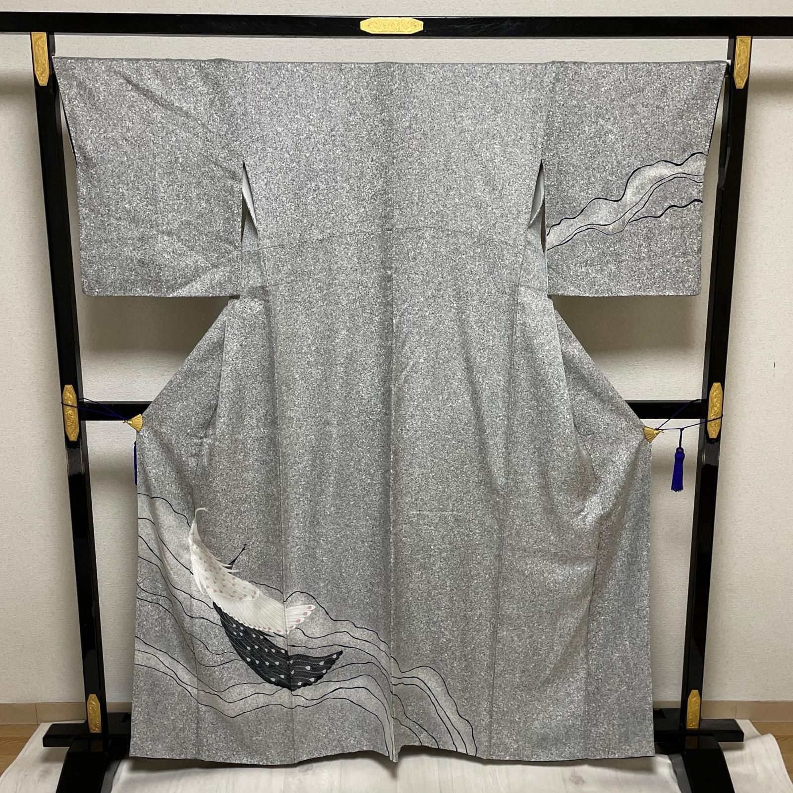 付下げ 裄67 モノトーン 美しい孔雀 着物 正絹 X-3425