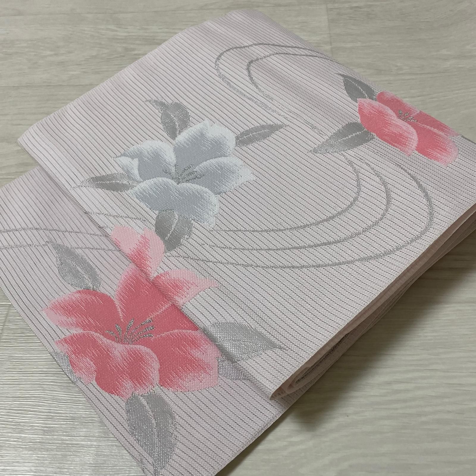 名古屋帯 絽綴れ 流水に花模様 八寸 化繊 着物 X-3432