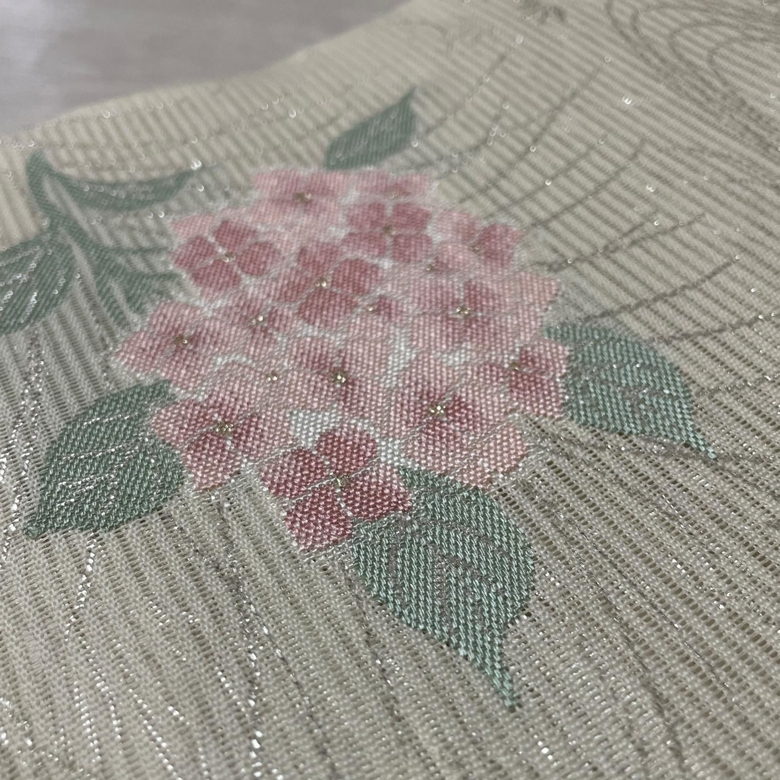 袋帯 絽綴れ 紫陽花 流水に草花模様 化繊 着物 X-3436