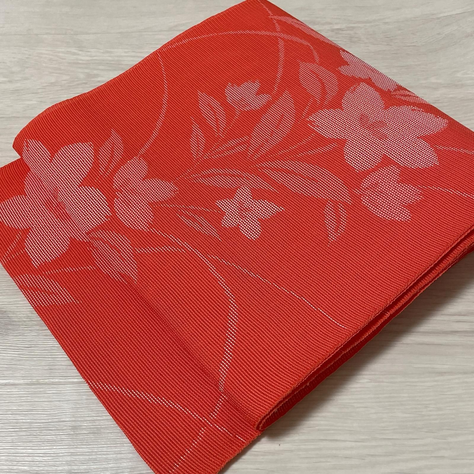 名古屋帯 絽綴れ 草花模様 鮮やかなオレンジ 八寸 化繊 着物 X-3440