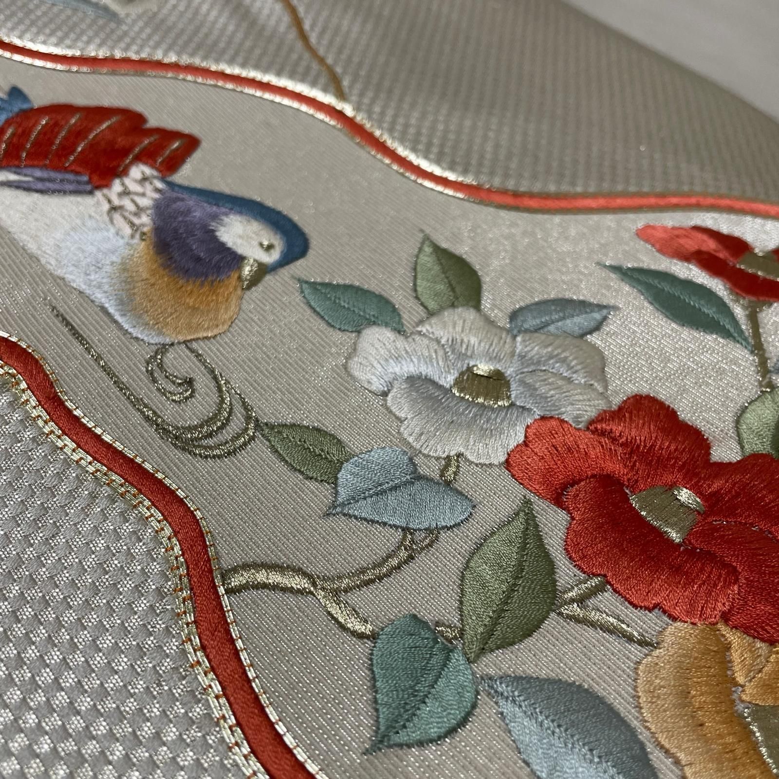 名古屋帯 刺繍 おしどりに花模様 九寸 正絹 着物 X-3448