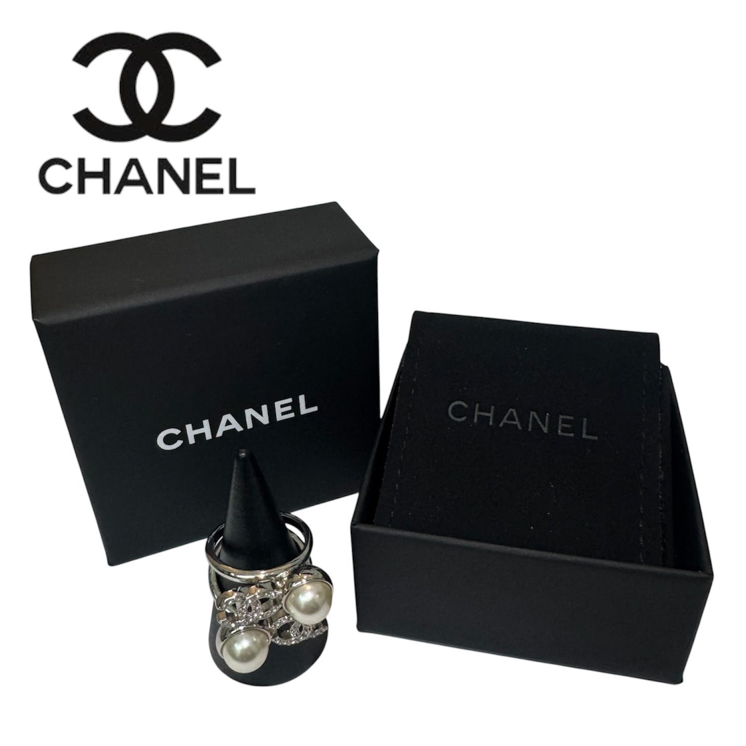 CHANEL シャネル I25S ココマーク ラインストーン フェイクパール リング 指輪 シルバー オフホワイト 春夏SSコレクション ABF733