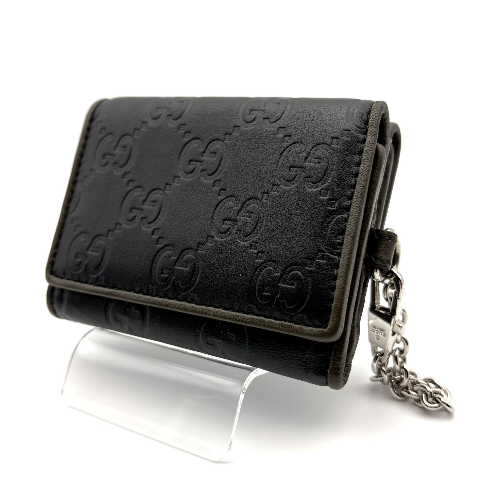 【 箱付／美品 】GUCCI　グッチ　GGシマ　三つ折りコンパクト財布　チェーンウォレット　レザー　ブラック