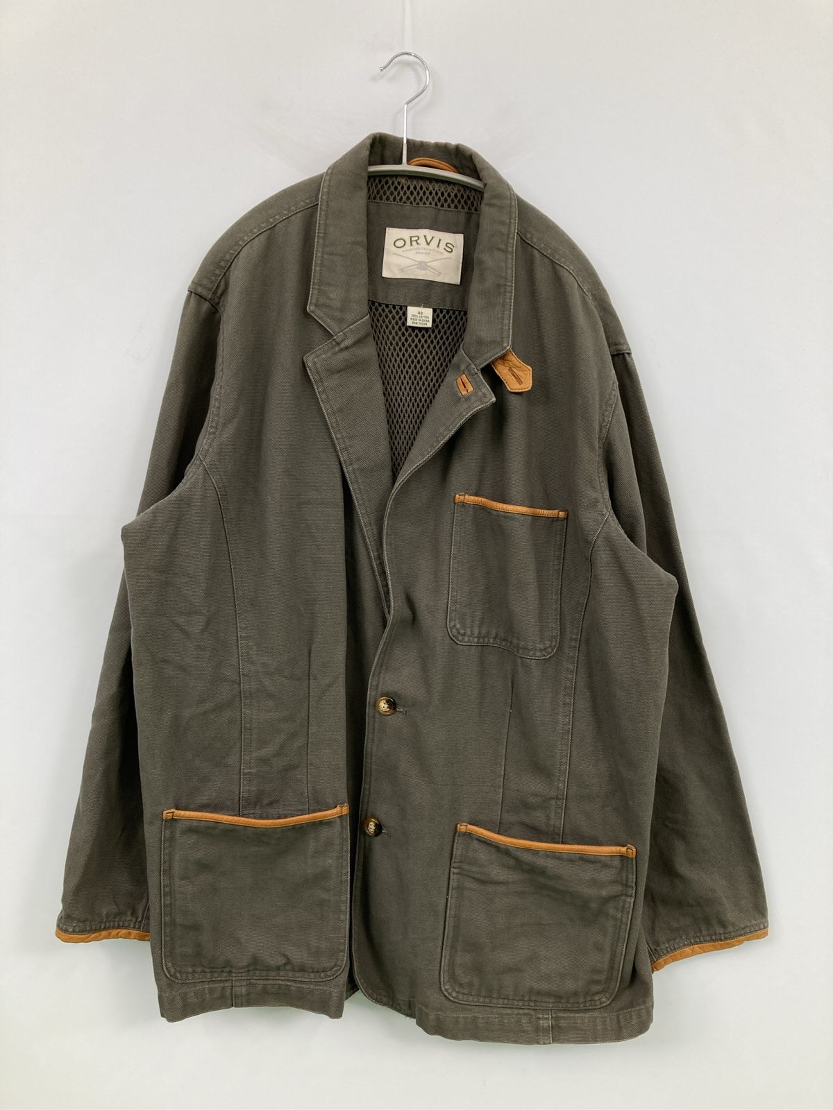 ORVIS オービス テーラードジャケット 48 カーキ コットン 無地 ワンポイント ミドル丈 フードなし シングル メンズ