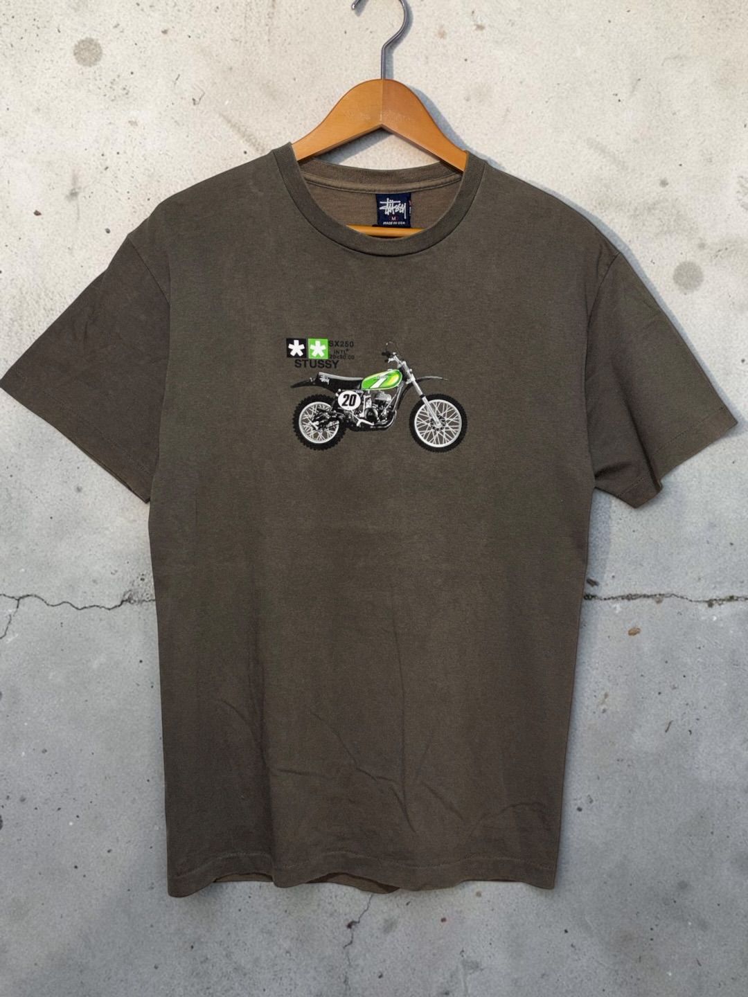 USA製 90s OLD STUSSY S/S TEE M OLIVE CHARCOAL オールド ステューシー 半袖Tシャツ M SX250 バイク 紺タグ 古着