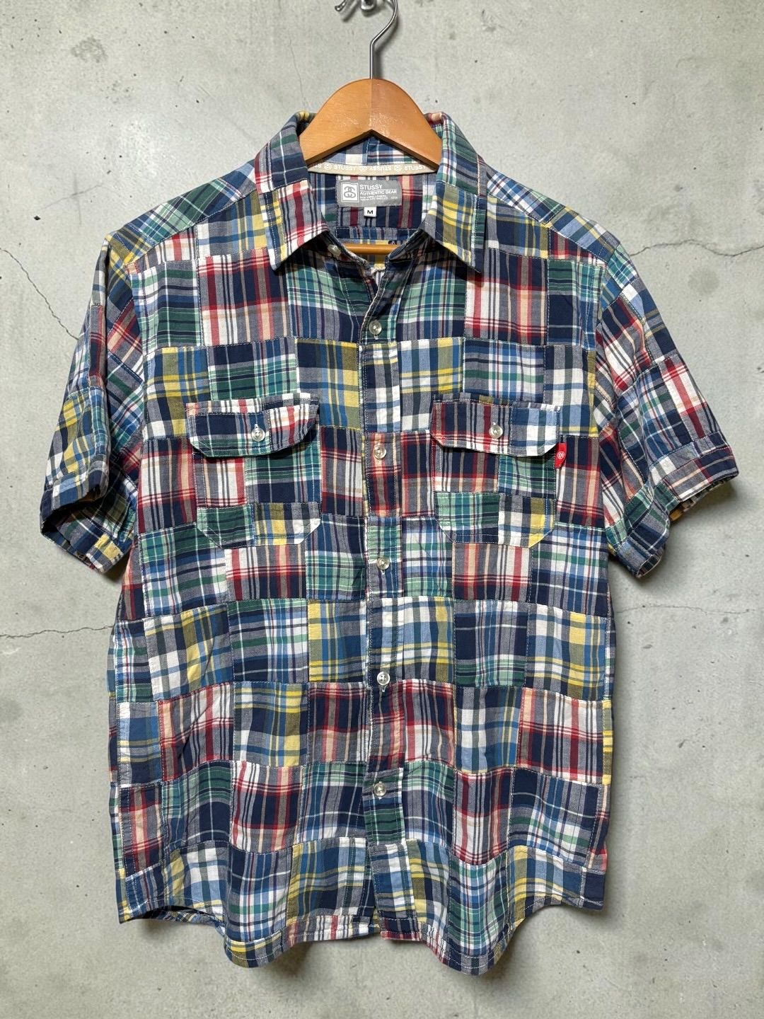 00s OLD STUSSY Patchwork S/S SHIRT M オールドステューシー パッチワーク半袖シャツ 古着