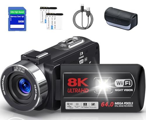 ビデオカメラ 8K動画撮影、6400万画素 YouTubeカメラ 18Xデジタルズーム WIFI転送機能 スマホに送れる ウェブカメラ IR ナイトビジョン 3.0 インチ タッチスクリー 自撮り vloggingカメラ 32GB SD カード 付属 2.ma