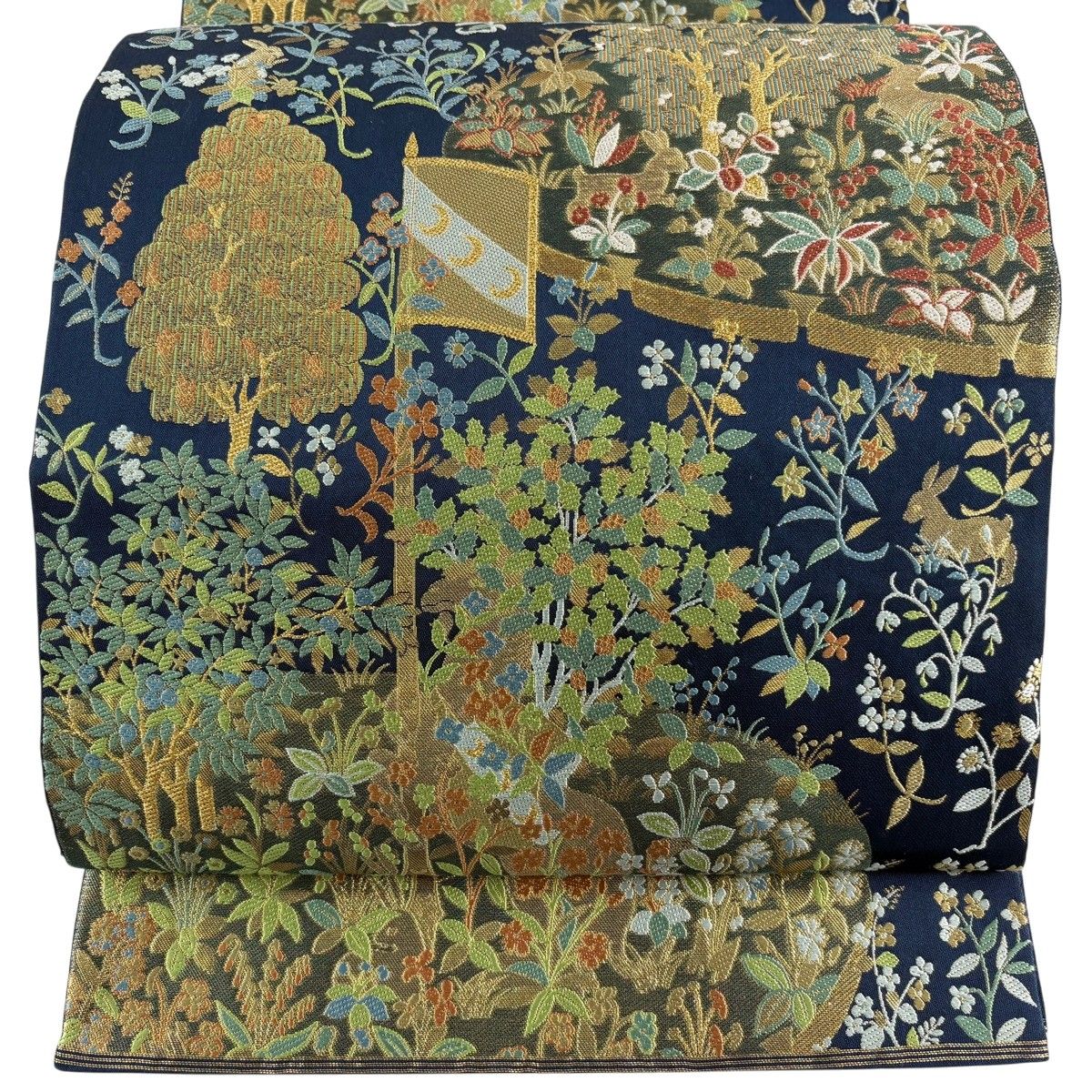 【美品】 袋帯 逸品 川島織物 落款 関西仕立て うさぎ 草花 金糸 箔 青灰色 六通 正絹 【中古】