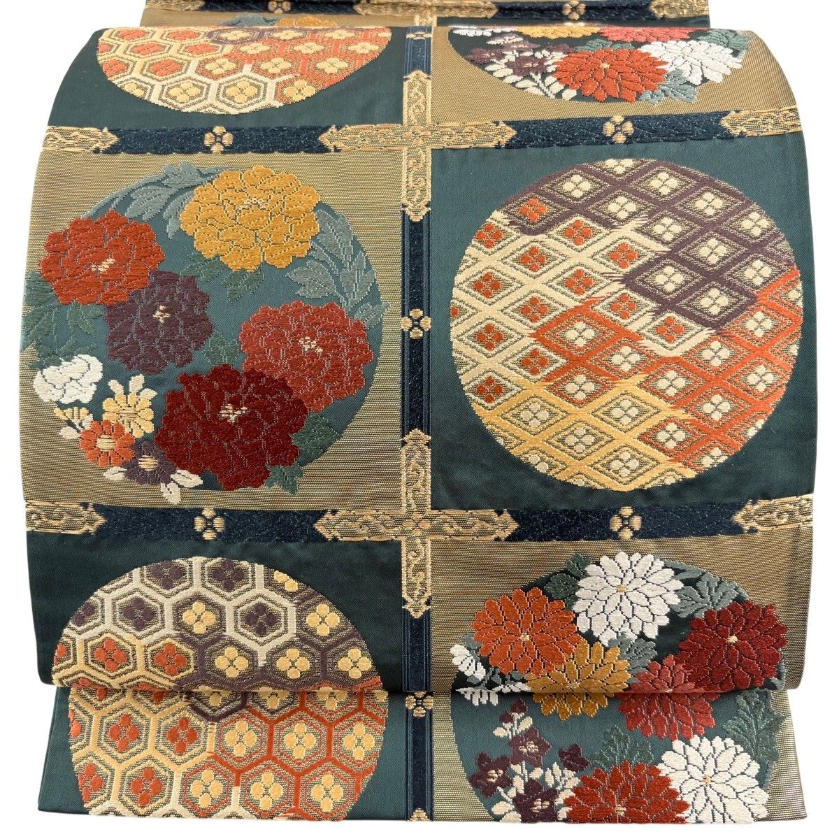 【美品】 袋帯 逸品 落款 藤原織物 格天井 草花 金糸 箔 深緑 六通 正絹 【中古】