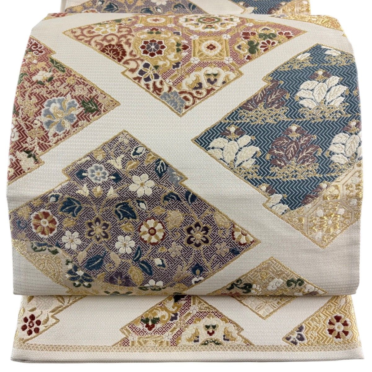袋帯 逸品 じゅらく 落款 松皮菱 華文 金糸 唐織 ベージュ 六通 正絹 【中古】