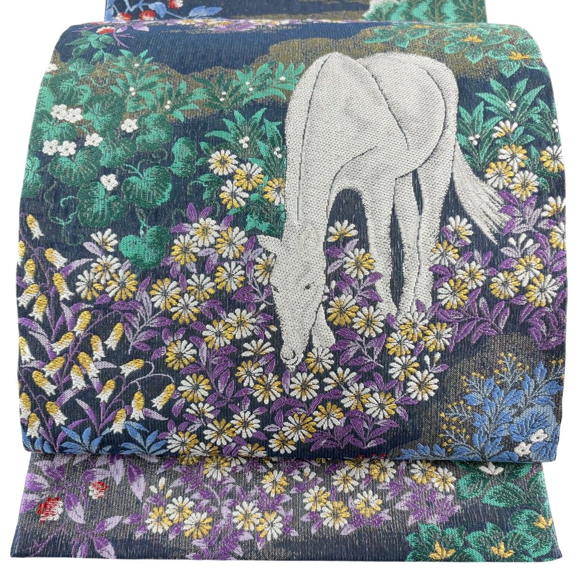 【美品】 袋帯 逸品 白馬 草花 金銀糸 箔 紺色 お太鼓柄 正絹 【中古】