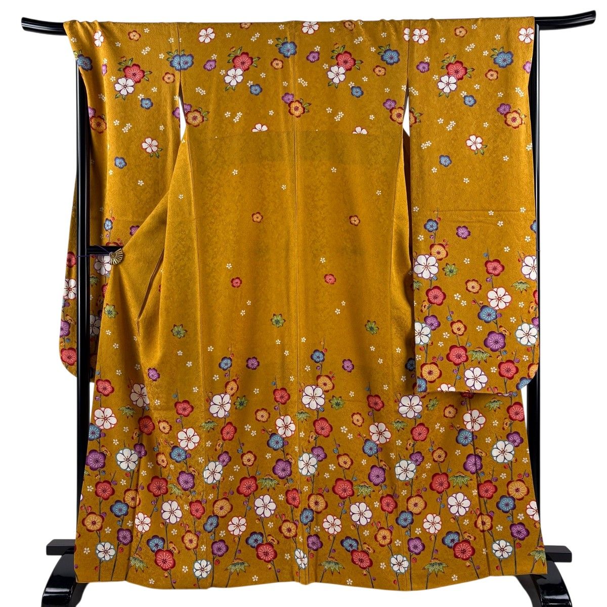 【美品】 振袖 身丈166cm 裄丈70cm L 袷 枝梅 笹 山吹茶色 正絹 秀品 【中古】