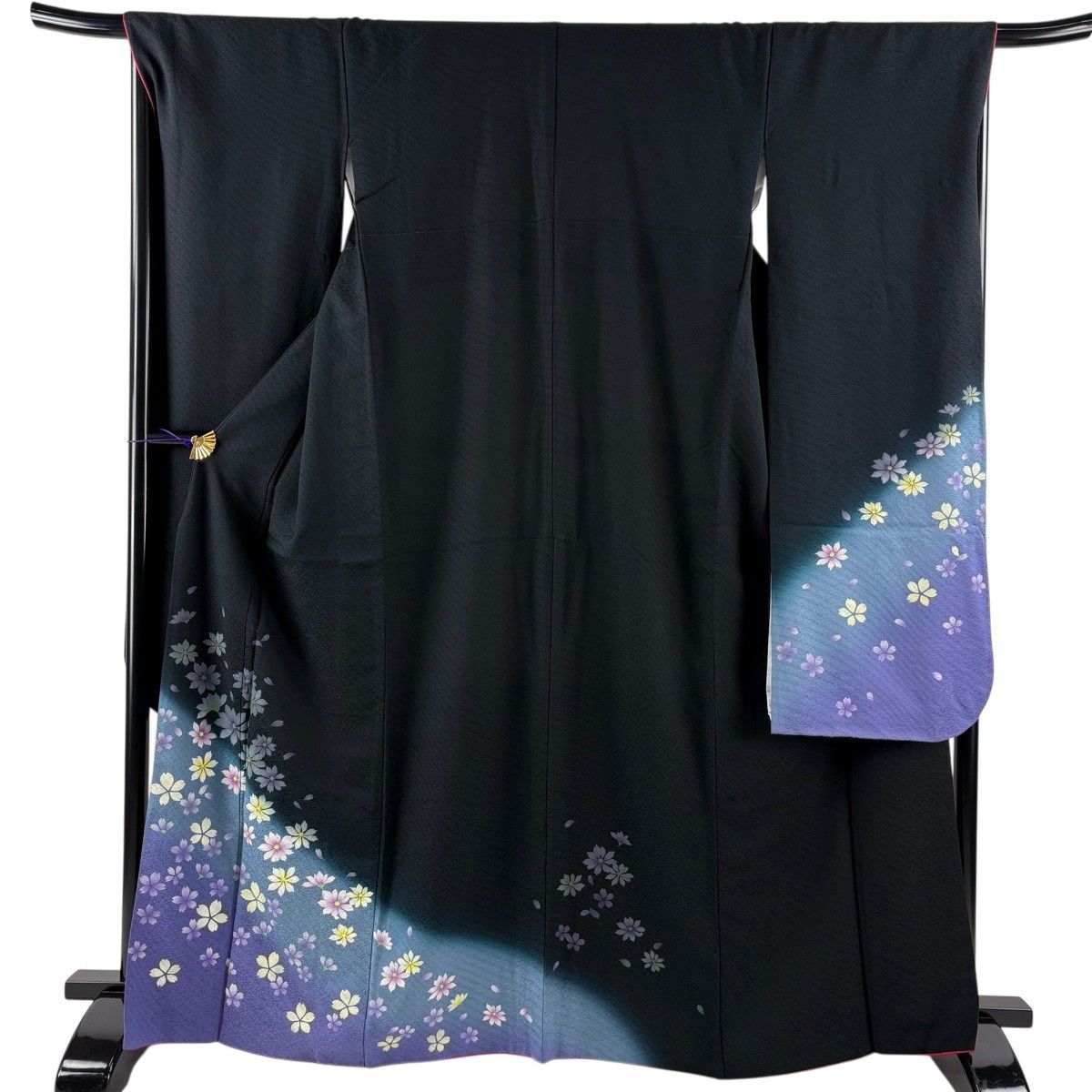 【美品】 振袖 身丈165cm 裄丈68cm L 袷 花 地紋 染め分け ぼかし 黒 正絹 秀品 【中古】