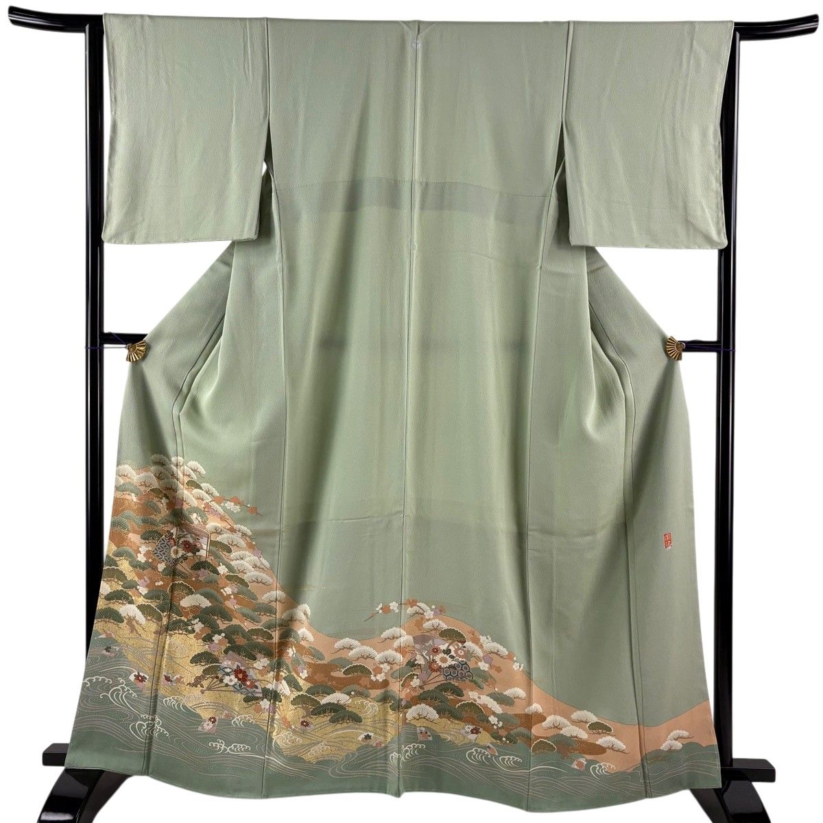 【美品】 色留袖 身丈164cm 裄丈64cm M 袷 扇 松梅 金糸 金彩 薄緑 正絹 秀品 一つ紋 【中古】