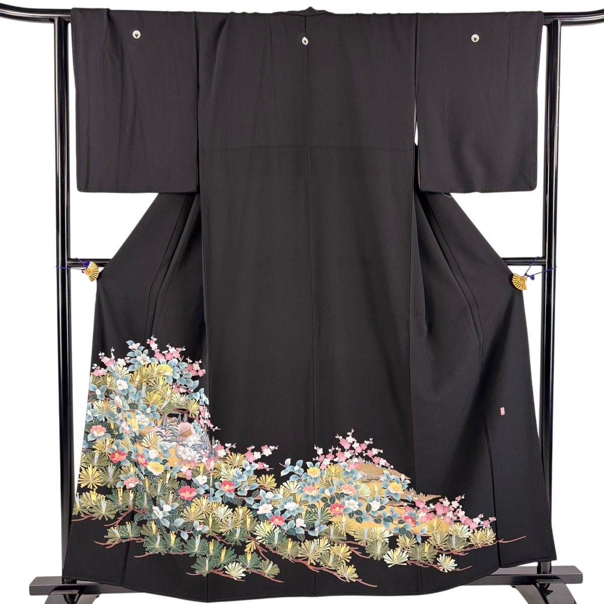 【美品】 黒留袖 身丈159cm 裄丈64cm M 袷 落款 風景 松梅 ぼかし 黒 正絹 秀品 【中古】
