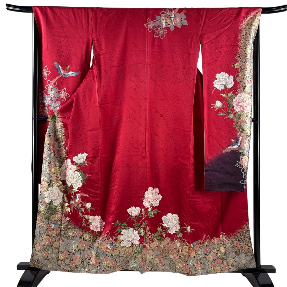 振袖 身丈159cm 裄丈68cm L 袷 鈴乃屋 鳥 牡丹 金銀彩 茜色 正絹 秀品 【中古】