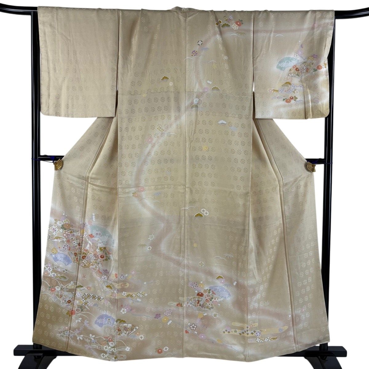 訪問着 身丈158.5cm 裄丈68cm L 袷 桧扇 松竹梅 金糸 金彩 ベージュ 正絹 秀品 【中古】