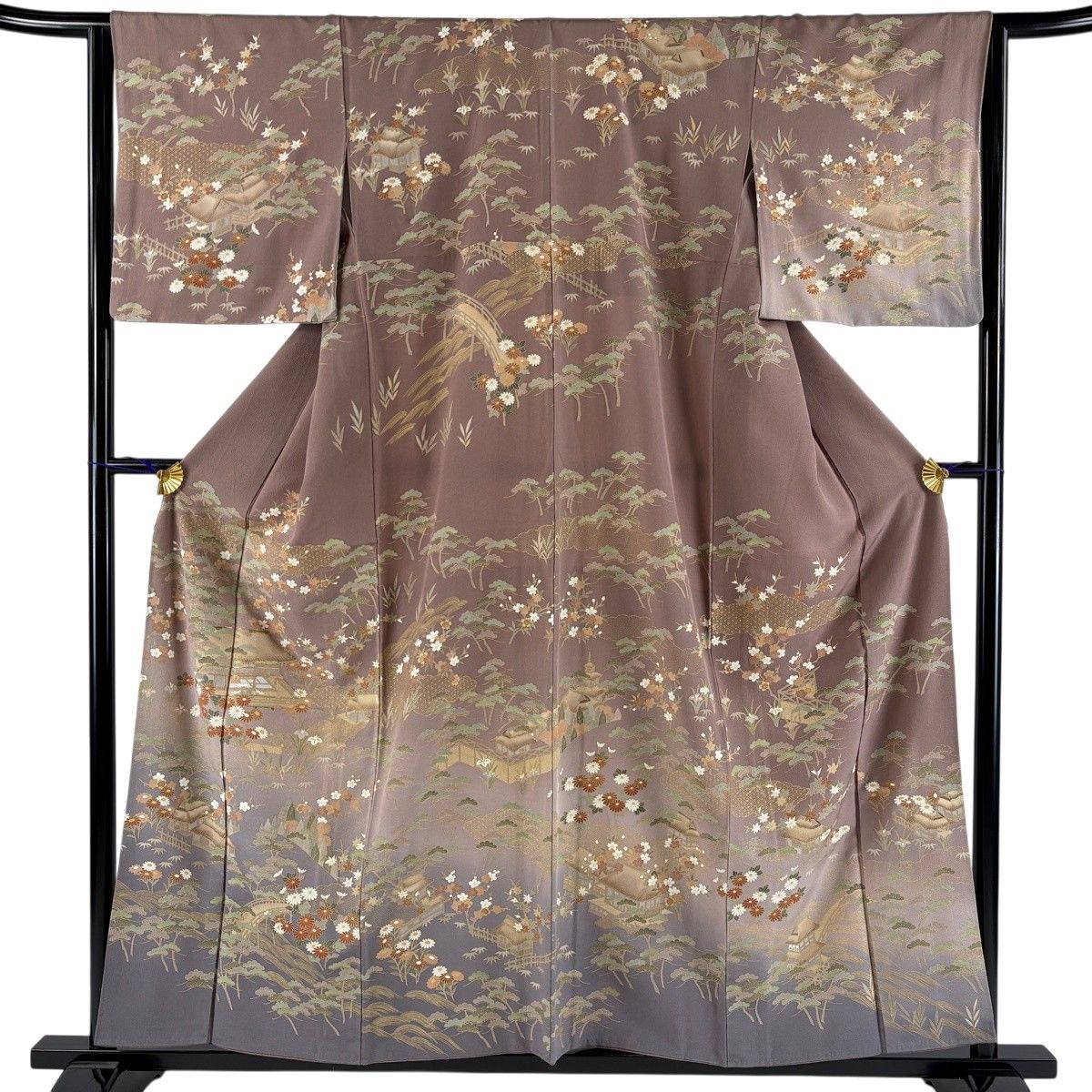 訪問着 身丈157.5cm 裄丈64cm M 袷 家屋 松竹梅 金糸 金彩 茶紫 正絹 秀品 【中古】