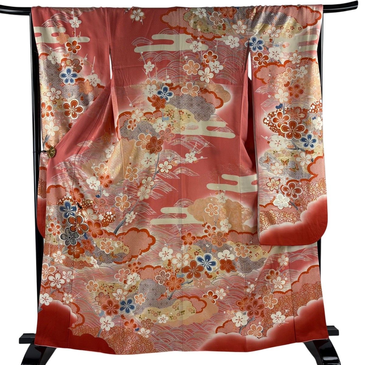 振袖 身丈163.5cm 裄丈67cm M 袷 枝梅 波 金糸 金銀彩 ピンク 正絹 秀品 【中古】