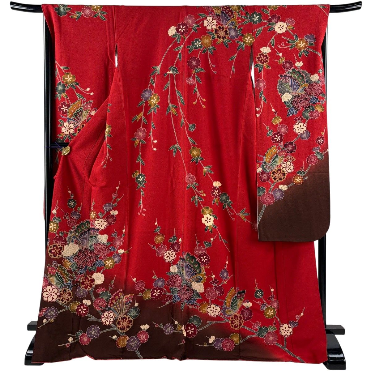 振袖 身丈169.5cm 裄丈68cm L 袷 蝶 草花 ぼかし 染め分け 赤 正絹 秀品 【中古】