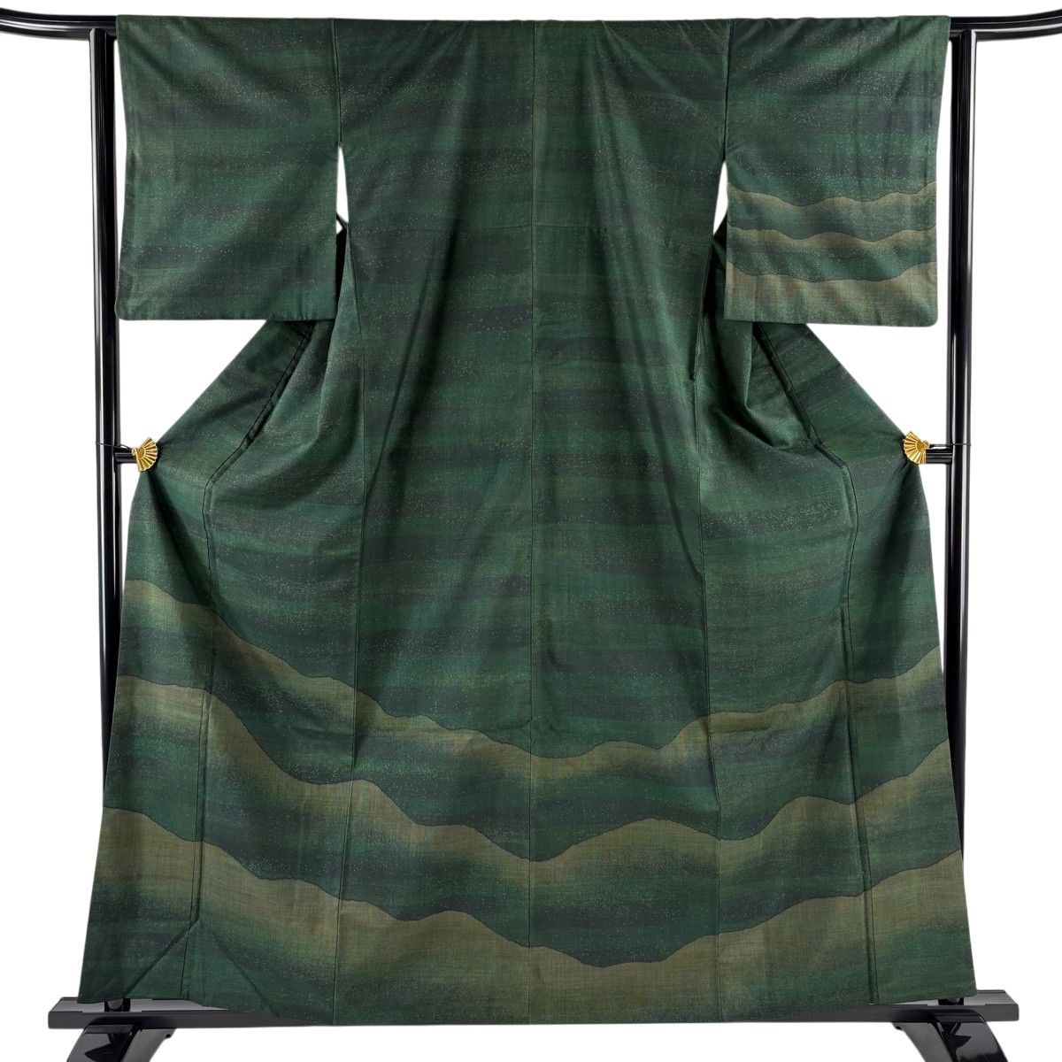 【美品】 付下げ 身丈160cm 裄丈63cm S 袷 紬地 霞 幾何学 緑 正絹 秀品 【中古】