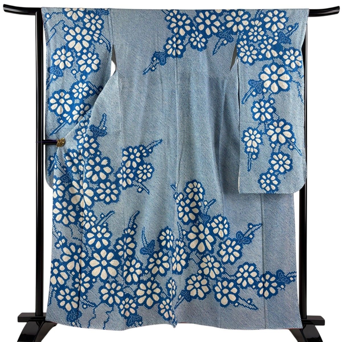 振袖 身丈160cm 裄丈66cm M 袷 枝花 絞り 青 正絹 秀品 【中古】