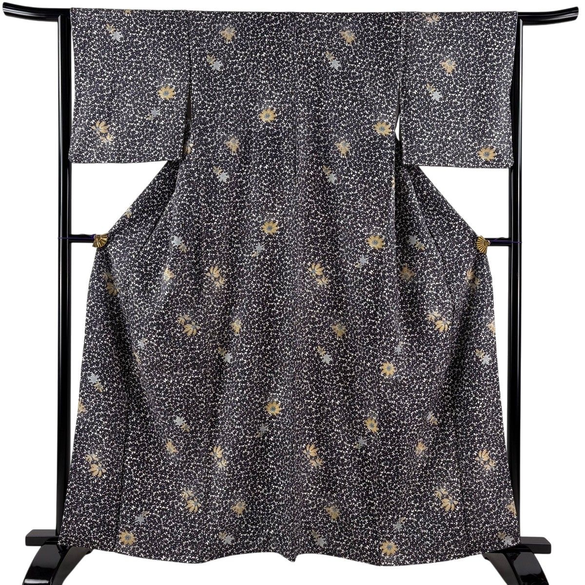 【美品】 小紋 身丈160cm 裄丈64cm M 袷 葉 幾何学模様 黒灰 正絹 秀品 【中古】