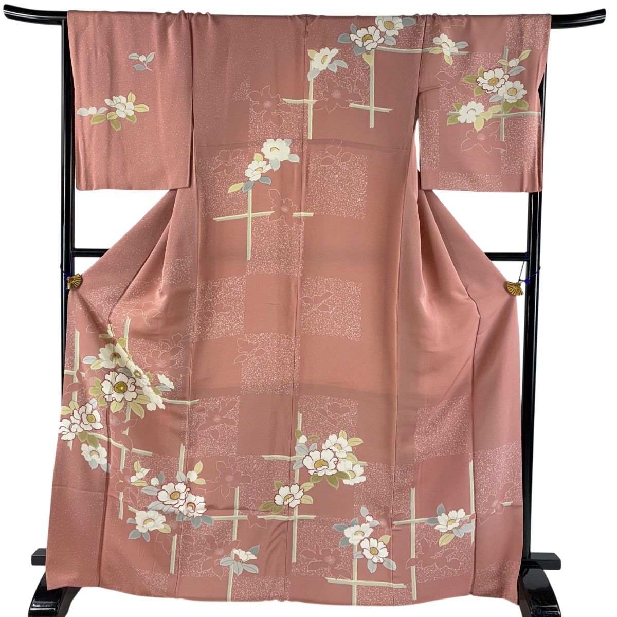 訪問着 身丈171.5cm 裄丈68.5cm L 袷 草花 金糸 刺繍 ピンク 正絹 秀品 一つ紋 【中古】