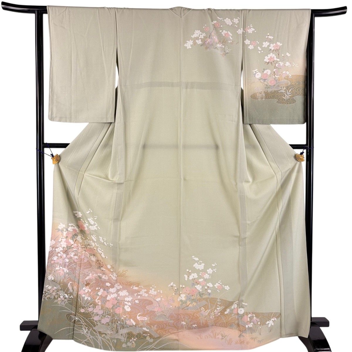 【美品】 訪問着 身丈170cm 裄丈63.5cm S 単衣 桜 鳥 金彩 灰緑 正絹 秀品 【中古】