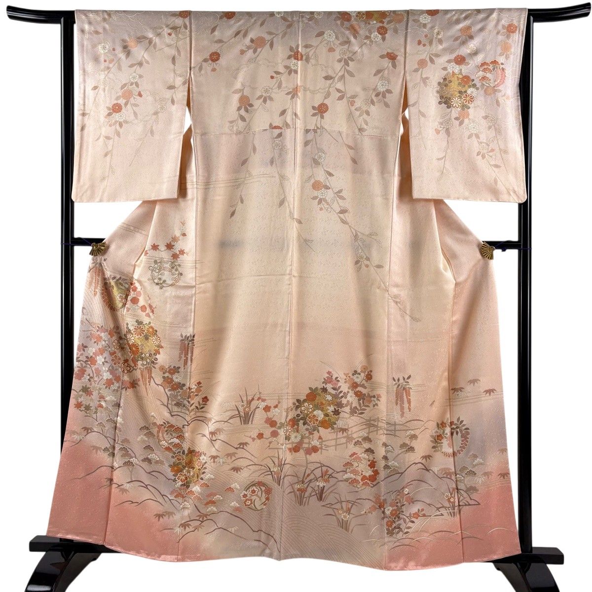 【美品】 訪問着 身丈161cm 裄丈63.5cm S 袷 花丸文 松竹梅 金彩 ぼかし 薄ピンク 正絹 秀品 【中古】