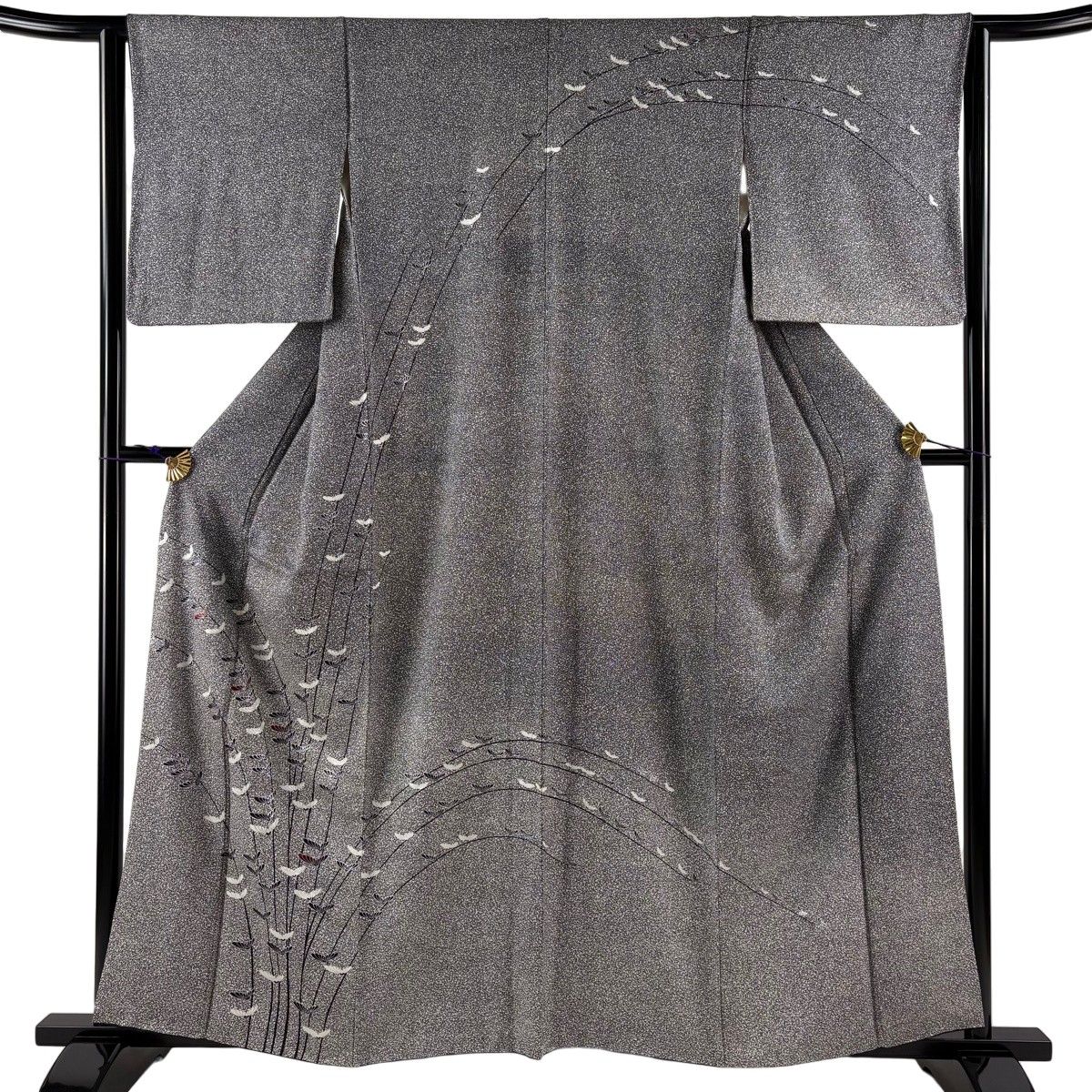訪問着 身丈160cm 裄丈63.5cm S 袷 菊 銀彩 黒灰 正絹 秀品 【中古】