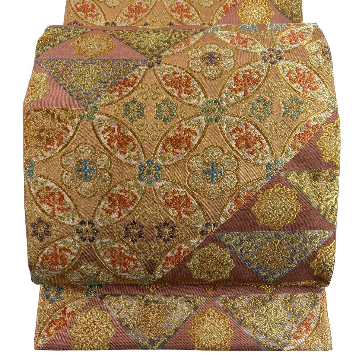 【美品】 袋帯 秀品 川島織物 落款 七宝 華文 金糸 箔 金色 六通 正絹 【中古】