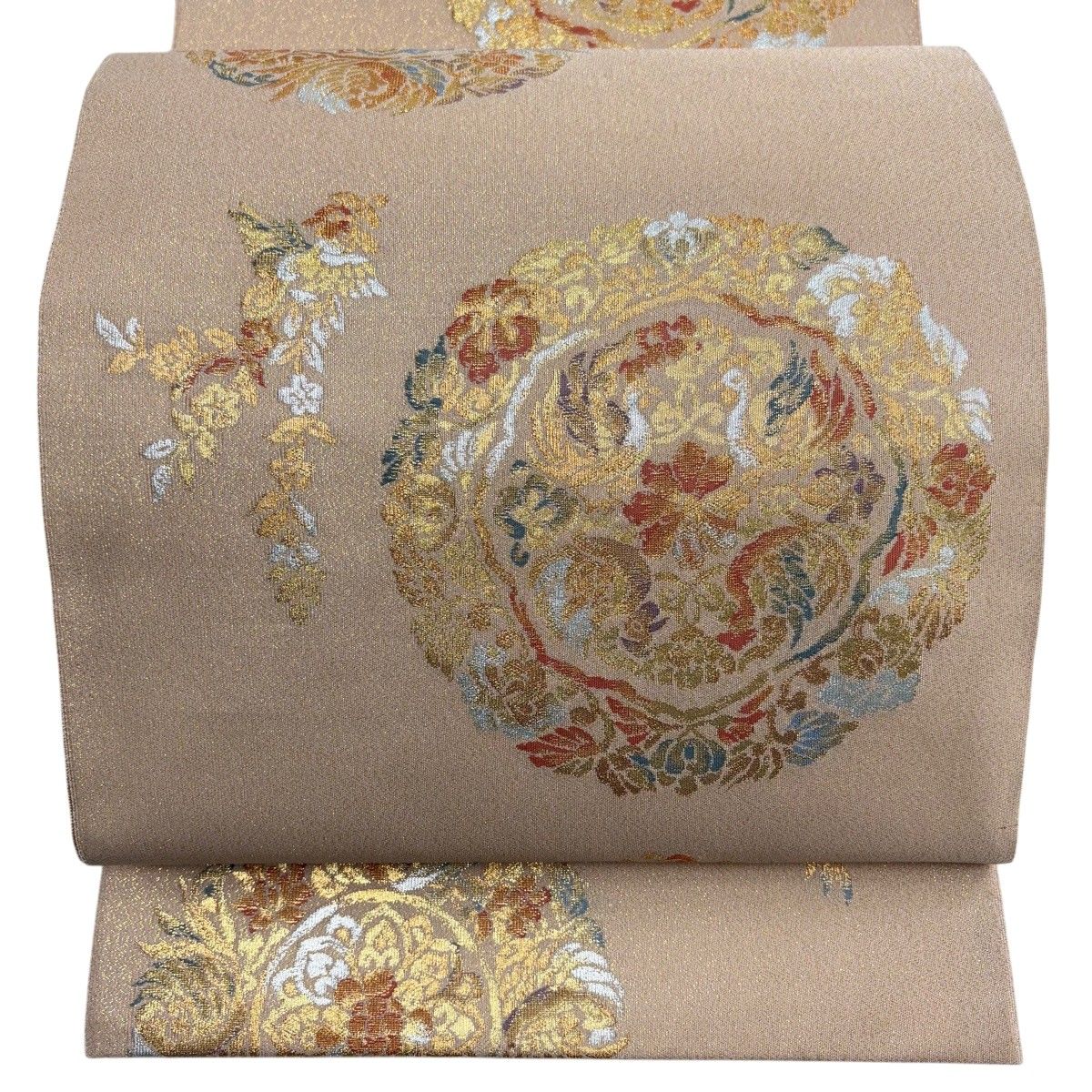 【美品】 袋帯 秀品 飛鳥綴 花喰鳥華文 箔 ピンクベージュ 六通 正絹 【中古】