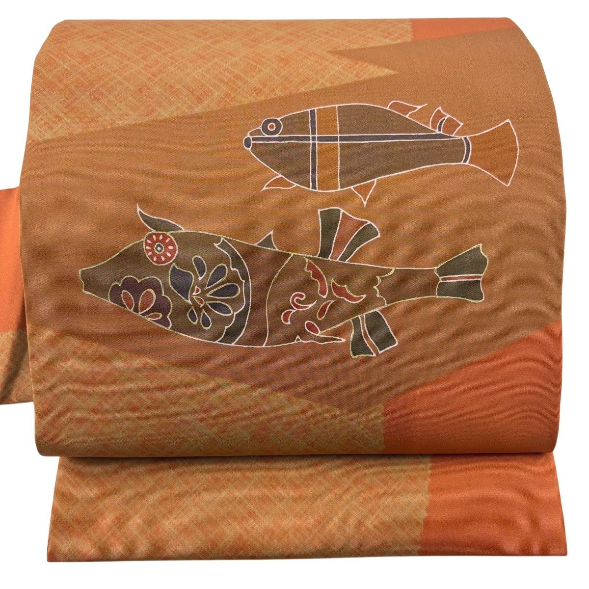 【美品】 名古屋帯 秀品 魚 金彩 オレンジ 正絹 【中古】