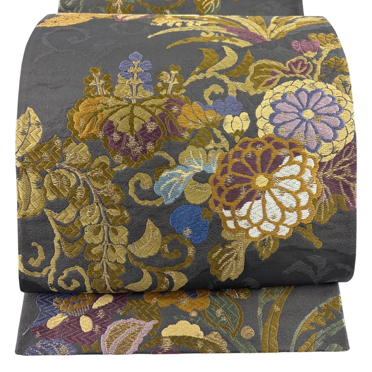 【美品】 袋帯 秀品 菊 桐 唐織 金糸 灰緑 六通 正絹 【中古】