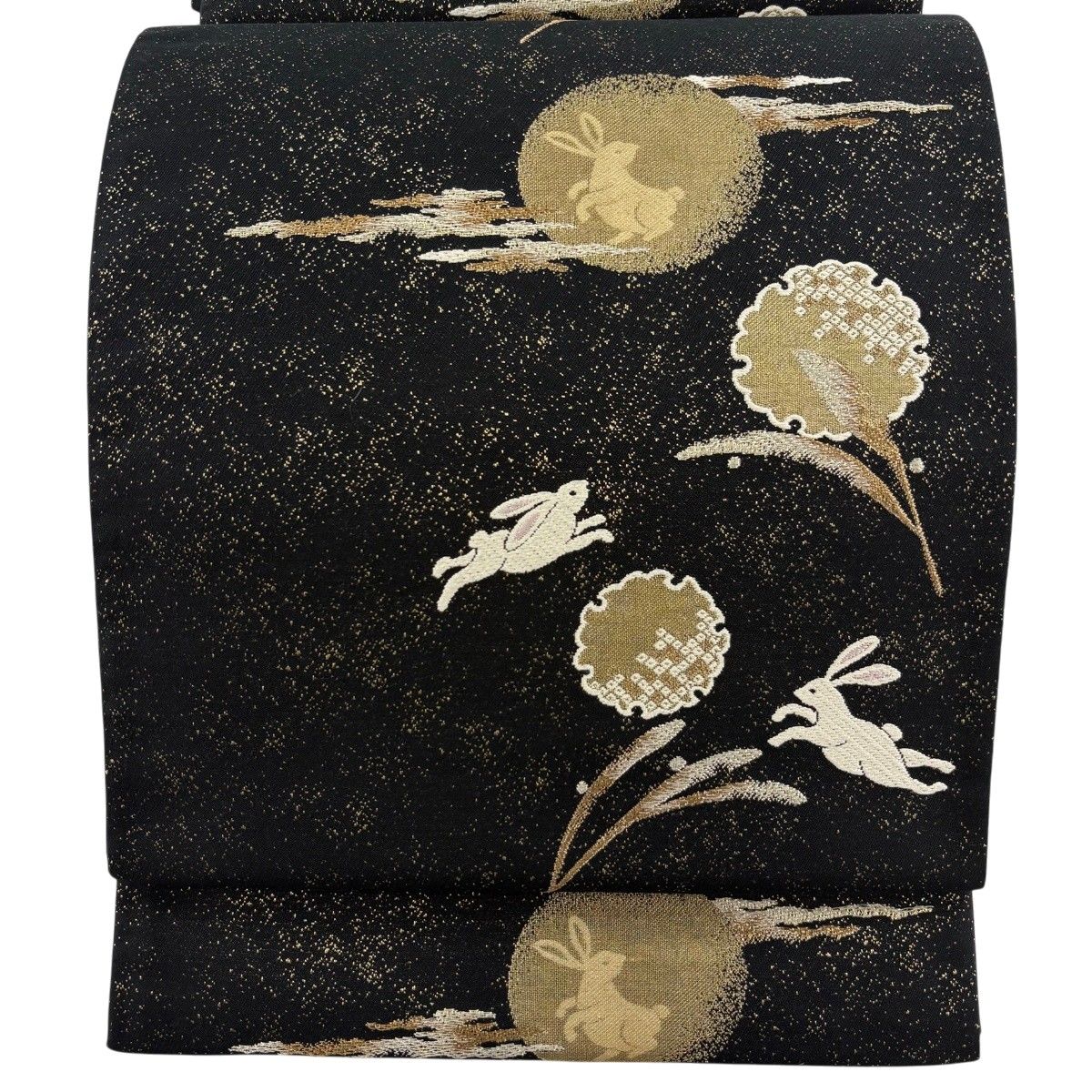 【美品】 袋帯 名品 すかし織 うさぎ 雪輪 金銀糸 箔 黒 六通 正絹 【中古】