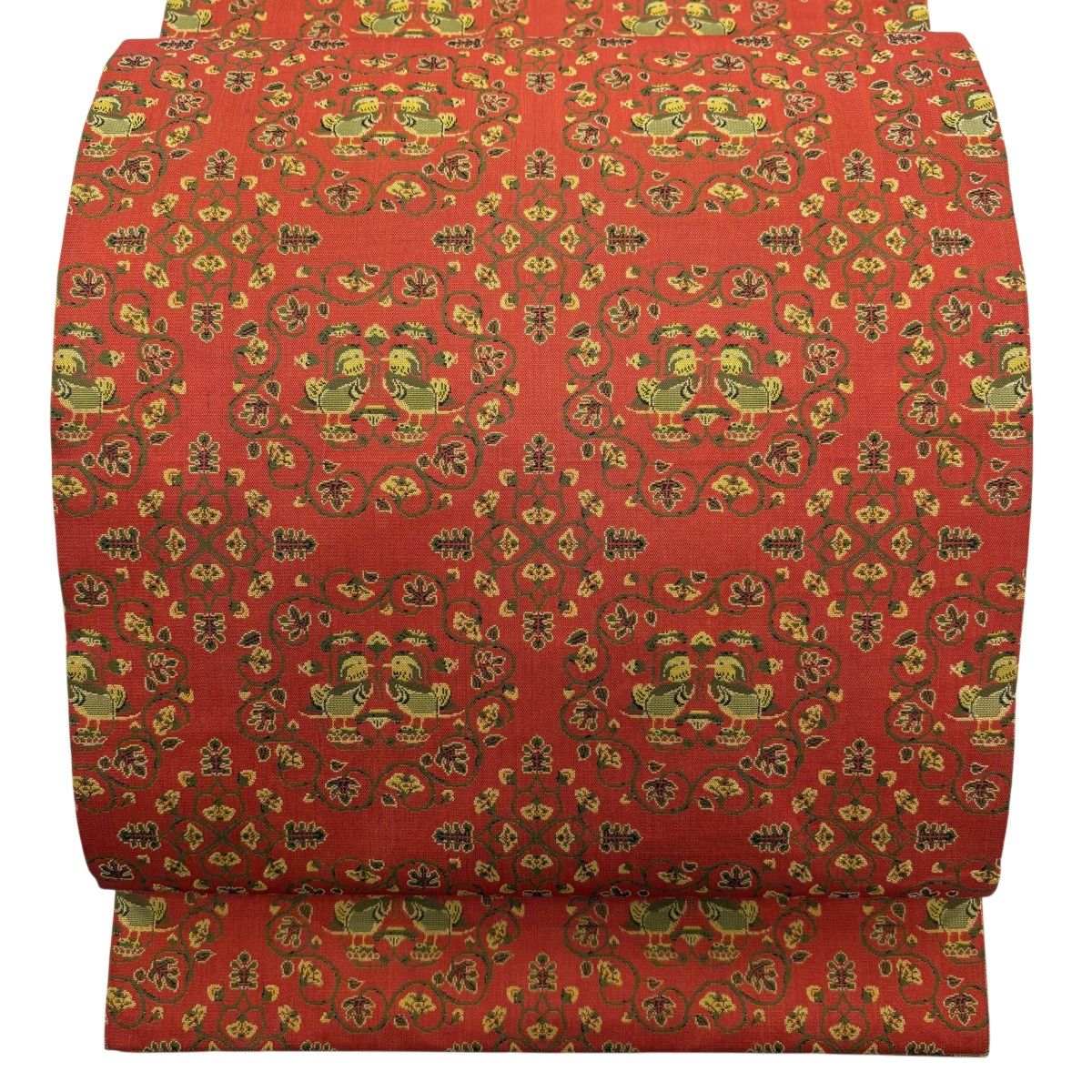 【美品】 開き名古屋帯 名品 龍村美術織物 比翼仕立て 向鳥 華文 赤茶 正絹 【中古】
